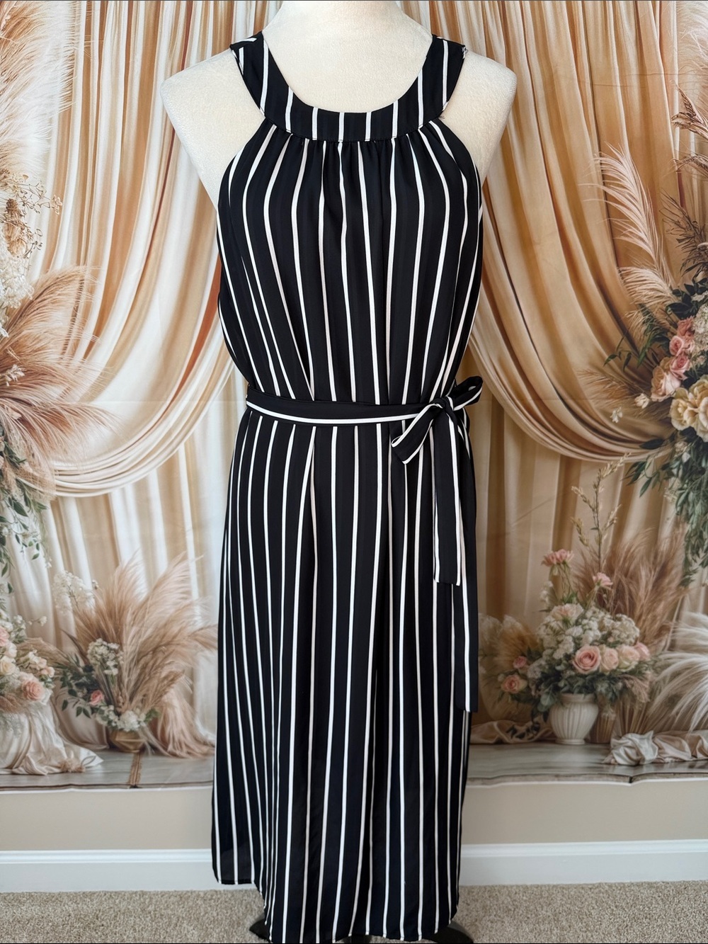 Trixxi Black and White Striped Midi Dress with Waist Tie